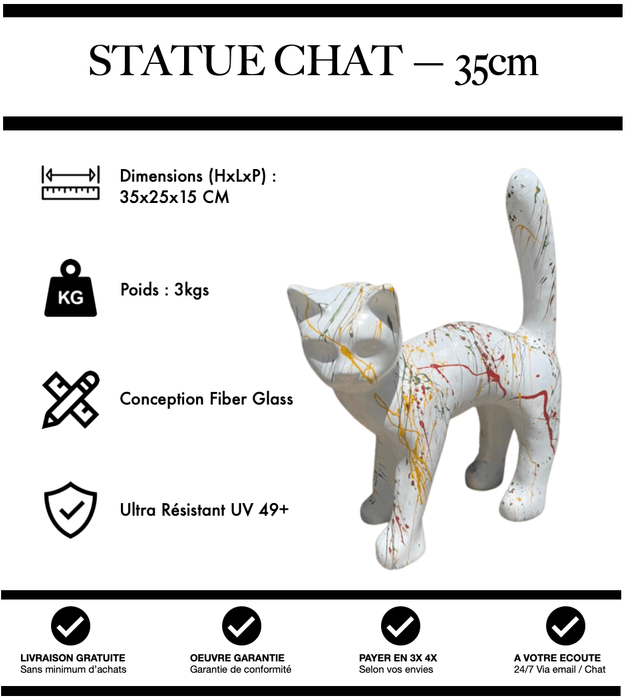 Sculpture Chat Resine 35cm Statue - Graffiti Blanc - MUZZANO