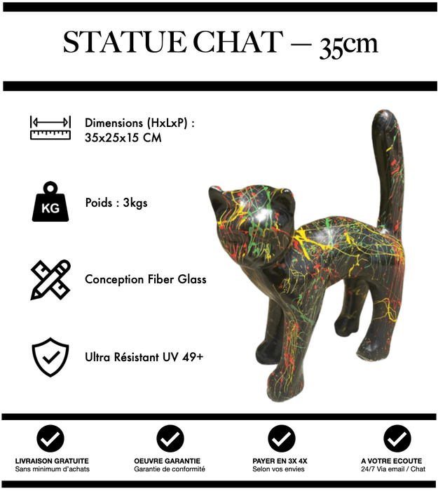 Sculpture Chat Resine 35cm Statue - Graffiti Noir - MUZZANO