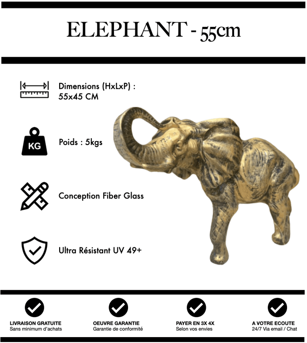 Sculpture Eléphant Resine 55cm Statue - Or - MUZZANO