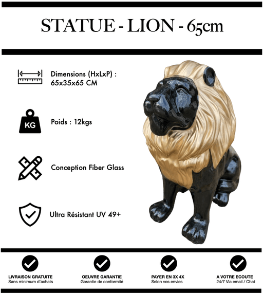 Sculpture Lion Resine 65cm Statue - Noir & Or - MUZZANO