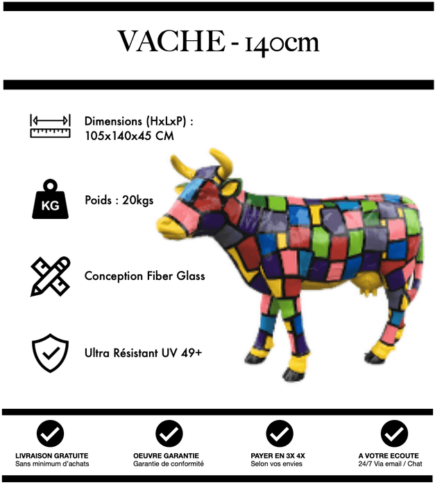 Sculpture Vache Resine XL 140cm Statue - Carreaux - MUZZANO