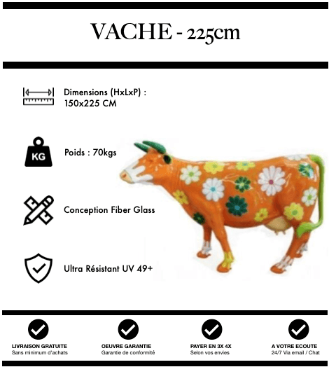 Sculpture Vache Resine XXL Réaliste 225cm Statue - Orange Fleurs - MUZZANO