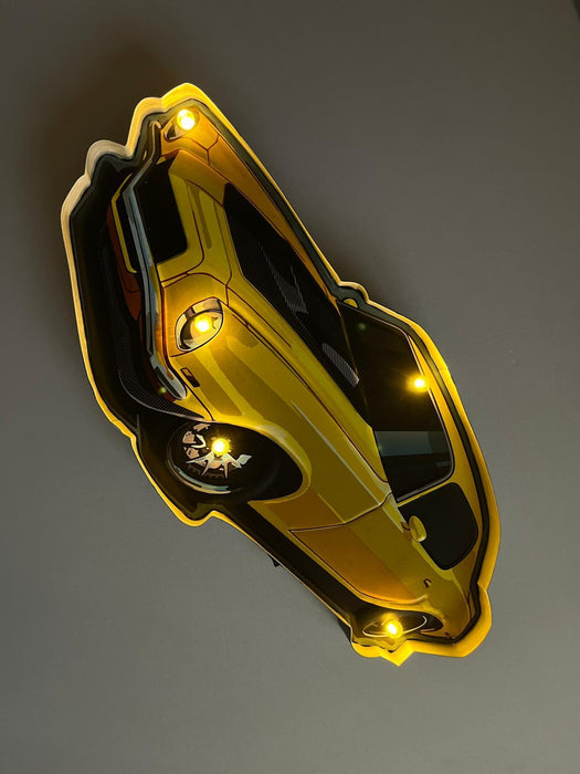 PLAQUE LED MÉTAL VOITURE JAUNE 60x30CM - PLAQUE LED DECO MURAL - MUZZANO