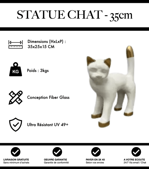 Sculpture Chat Resine 35cm Statue - Blanc et Or - MUZZANO