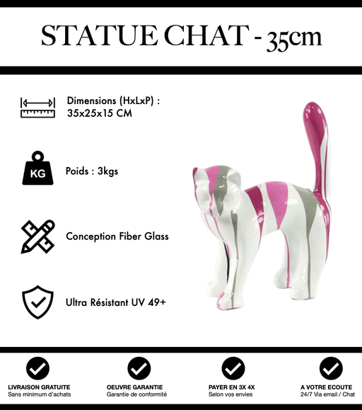 Sculpture Chat Resine 35cm Statue - Blanc et Rose - MUZZANO