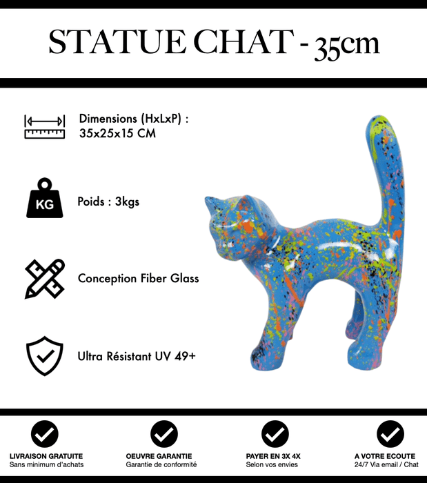 Sculpture Chat Resine 35cm Statue - Graffiti Bleu - MUZZANO