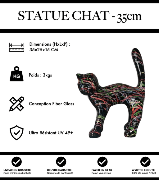 Sculpture Chat Resine 35cm Statue - Graffiti Noir - MUZZANO