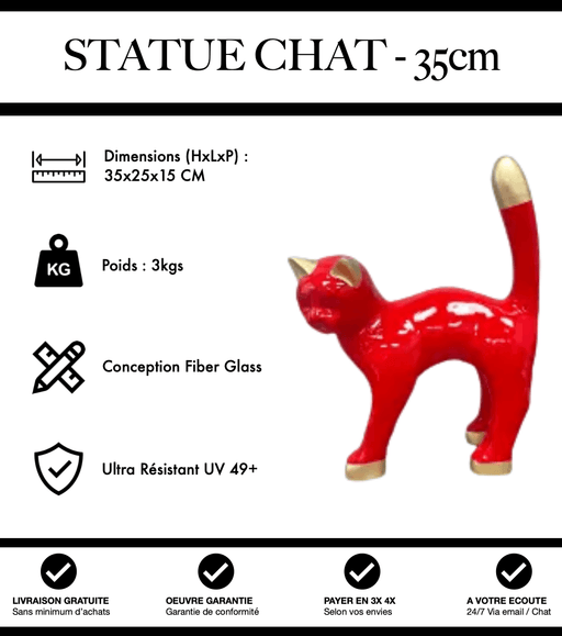 Sculpture Chat Resine 35cm Statue - Rouge et Or - MUZZANO