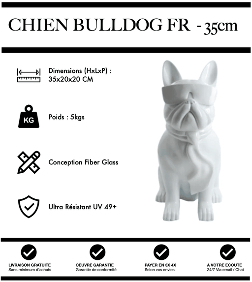 Sculpture Chien Bulldog FR Resine 35cm Statue - BLANC - MUZZANO
