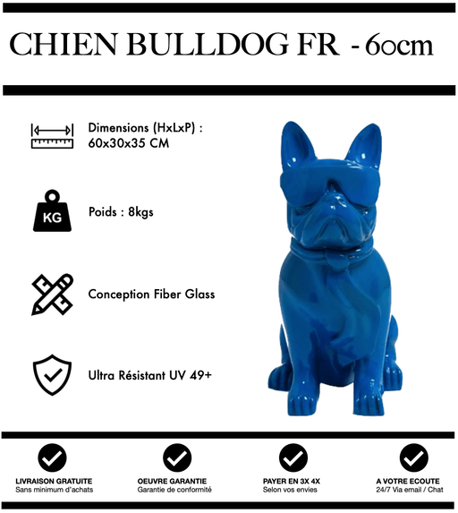 Sculpture Chien Bulldog FR Resine 60cm Statue - BLEU - MUZZANO