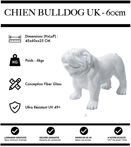 Sculpture Chien Bulldog UK Resine 60cm Statue - BLANC - MUZZANO