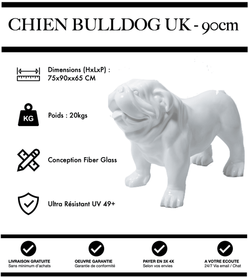 Sculpture Chien Bulldog UK Resine 90cm Statue - BLANC - MUZZANO