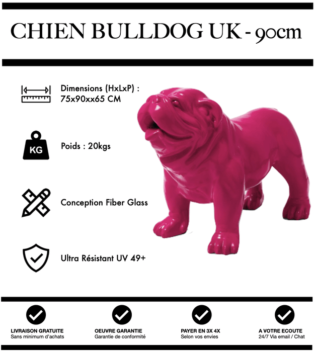 Sculpture Chien Bulldog UK Resine 90cm Statue - ROSE - MUZZANO