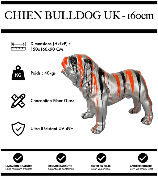 Sculpture Chien Bulldog UK Resine XXL 160cm Statue - Sliver - MUZZANO