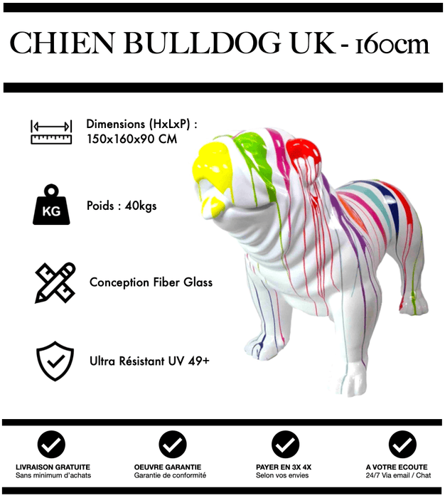 Sculpture Chien Bulldog UK Resine XXL 160cm Statue - White Trash - MUZZANO