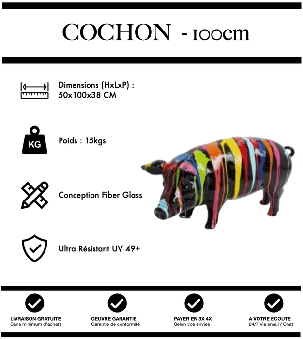 Sculpture Cochon Resine 100cm Statue - Black Trash - MUZZANO