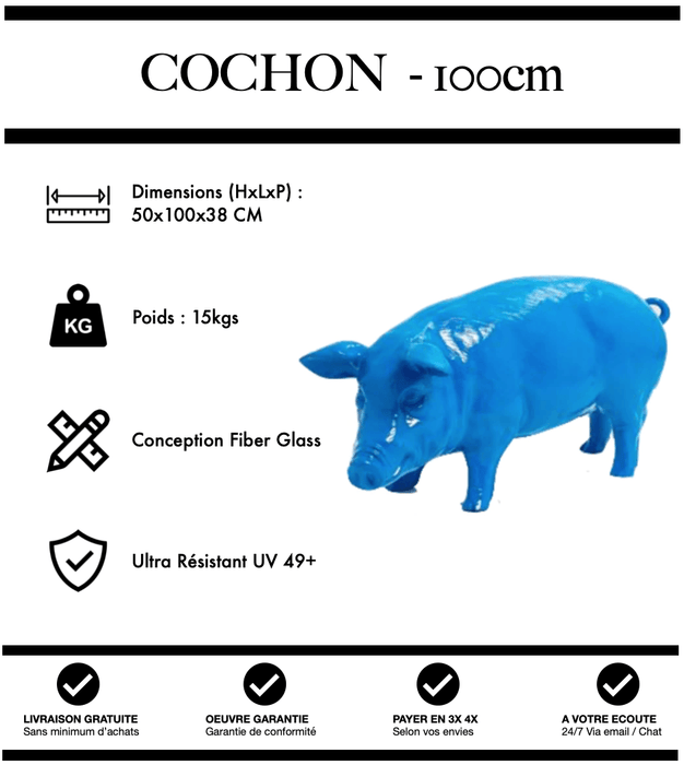 Sculpture Cochon Resine 100cm Statue - BLEU - MUZZANO