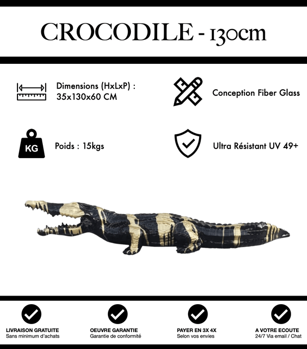 Sculpture Crocodile Resine 130cm Statue - Black and Gold Trash - MUZZANO