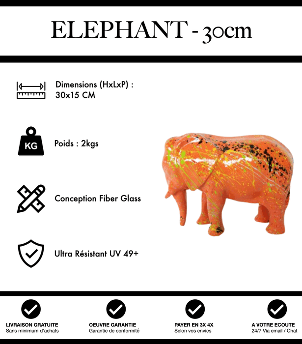 Sculpture Eléphant Resine 30cm Statue - Graffiti Orange - MUZZANO