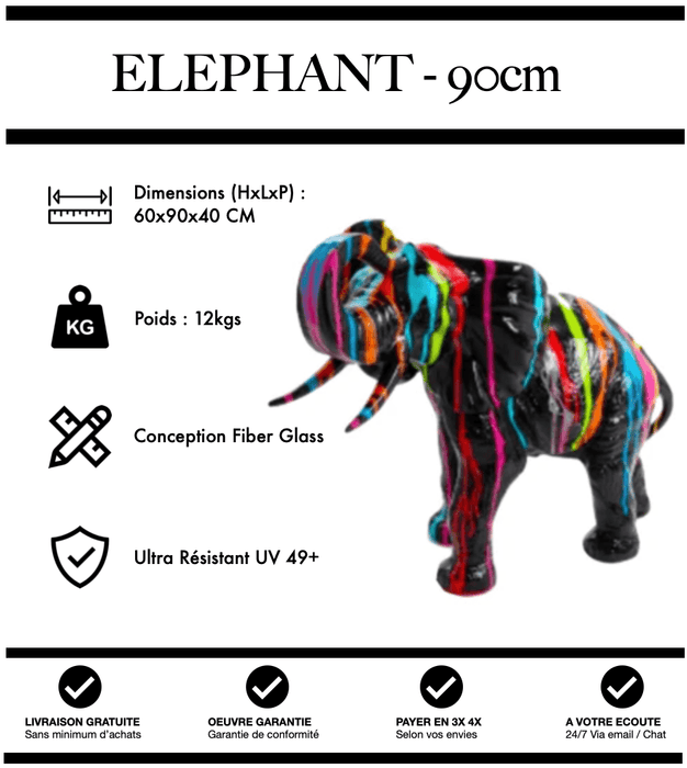 Sculpture Eléphant Resine 90cm Statue - Black Trash - MUZZANO