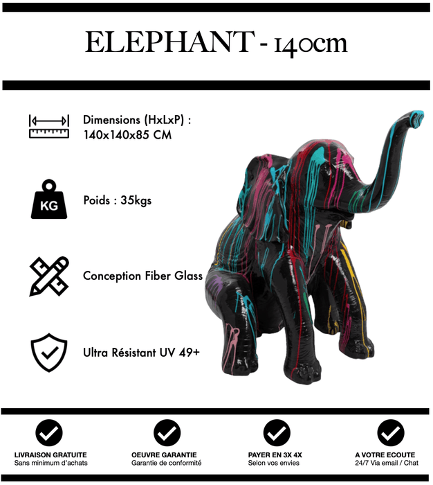 Sculpture Eléphant Resine XL 140cm Statue - Black Trash - MUZZANO