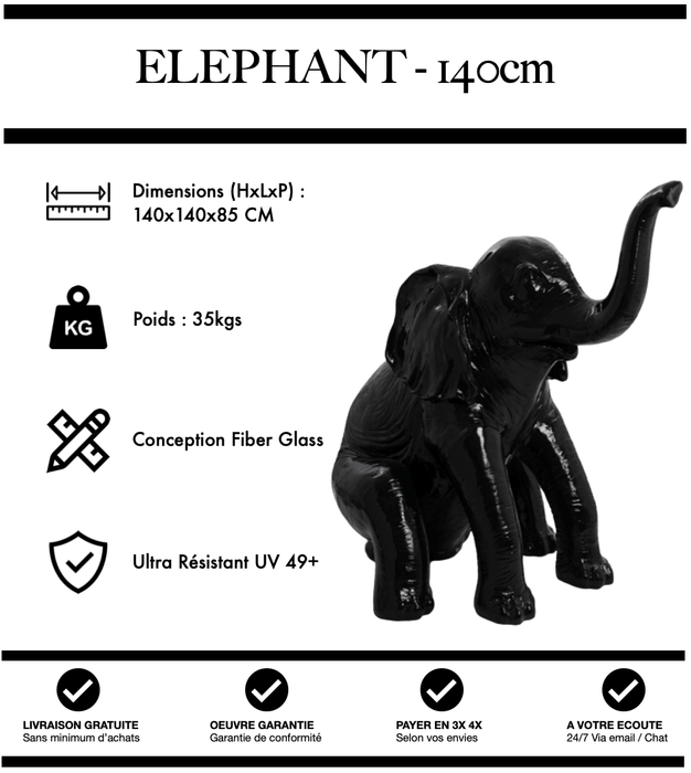 Sculpture Eléphant Resine XL 140cm Statue - NOIR - MUZZANO