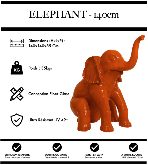 Sculpture Eléphant Resine XL 140cm Statue - ORANGE - MUZZANO