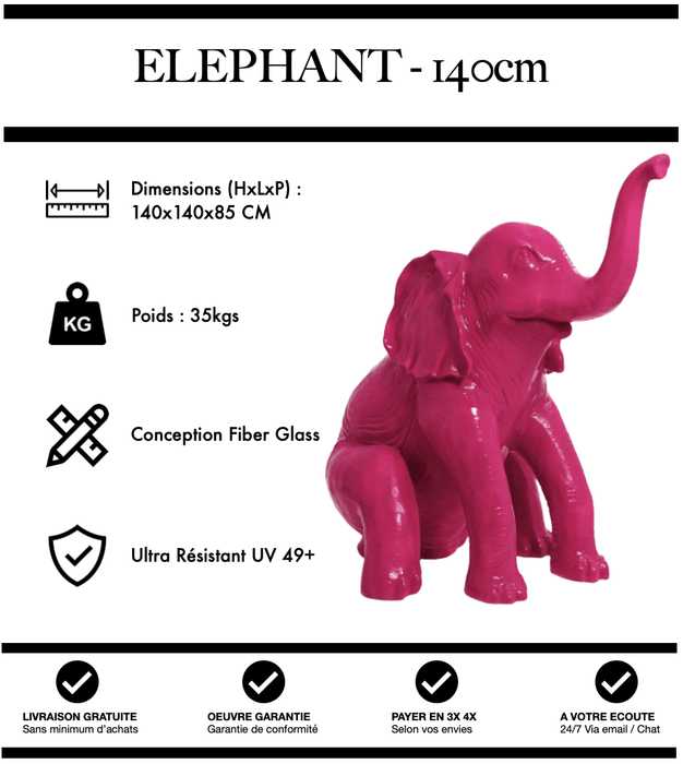 Sculpture Eléphant Resine XL 140cm Statue - ROSE - MUZZANO