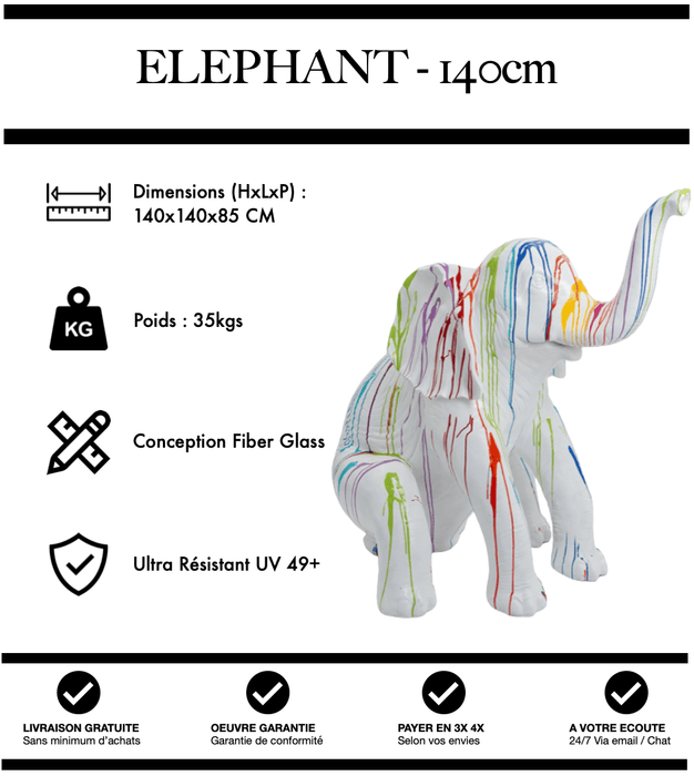 Sculpture Eléphant Resine XL 140cm Statue - White Trash - MUZZANO