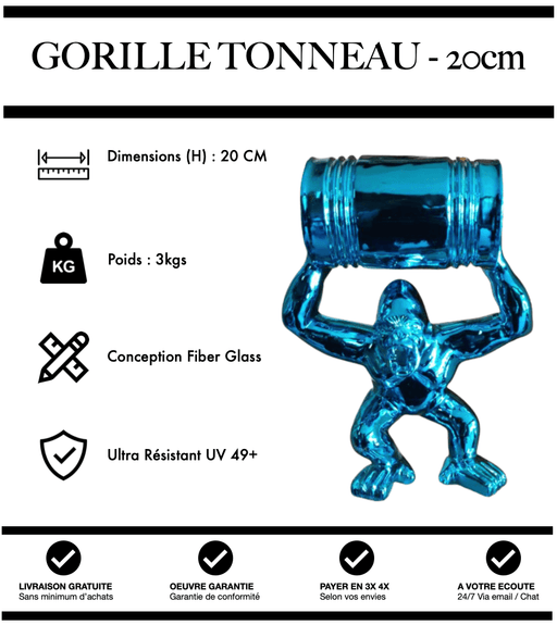 Sculpture Gorille Avec Tonneau Resine 20cm Statue - Bleu Chrome - MUZZANO