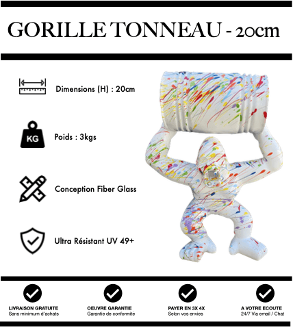 Sculpture Gorille Avec Tonneau Resine 20cm Statue - Grafitti White - MUZZANO