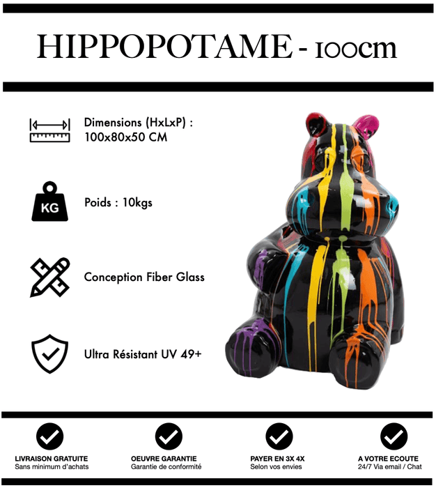 Sculpture Hippopotame Resine 100cm Statue - Black Trash - MUZZANO