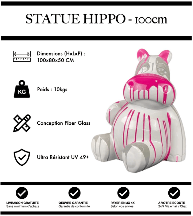 Sculpture Hippopotame Resine 100cm Statue - Pink Trash - MUZZANO