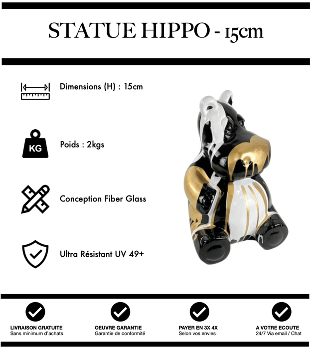 Sculpture Hippopotame Resine 15cm Statue - Black & White - MUZZANO