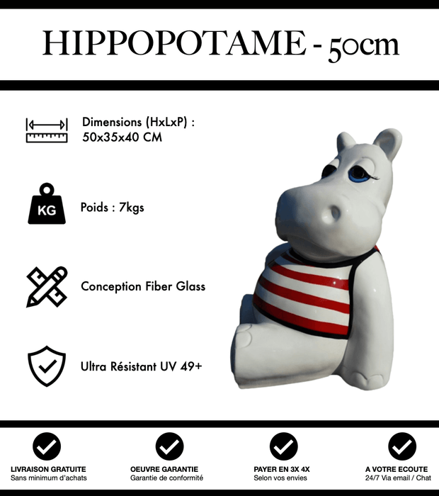 Sculpture Hippopotame Resine 50cm Statue - Marinière Rouge - MUZZANO