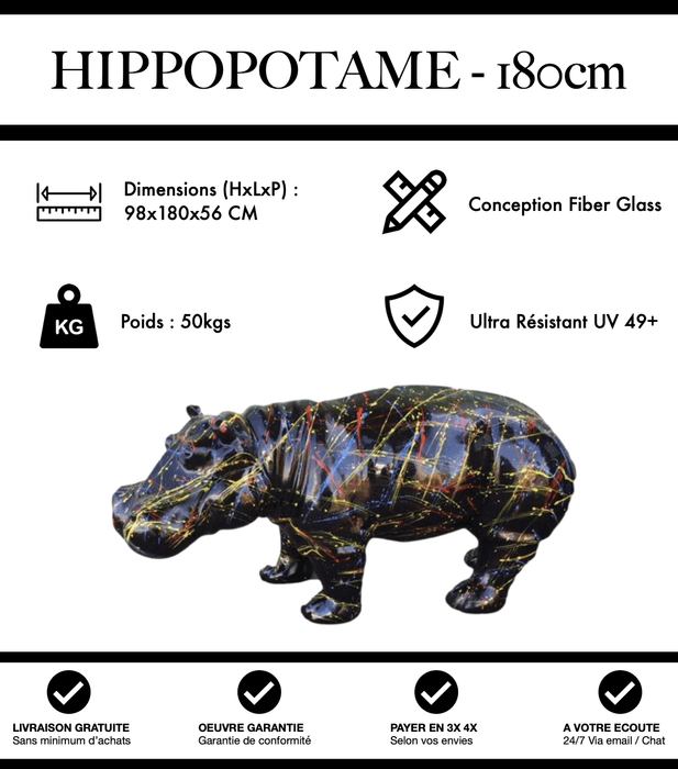 Sculpture Hippopotame Resine XXL 180cm Statue - Black Graffiti - MUZZANO