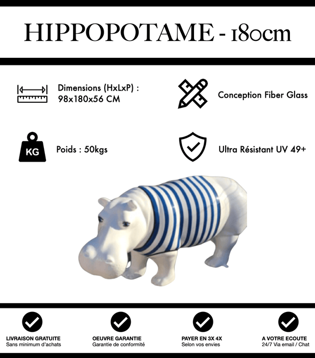 Sculpture Hippopotame Resine XXL 180cm Statue - Marinière Bleu - MUZZANO