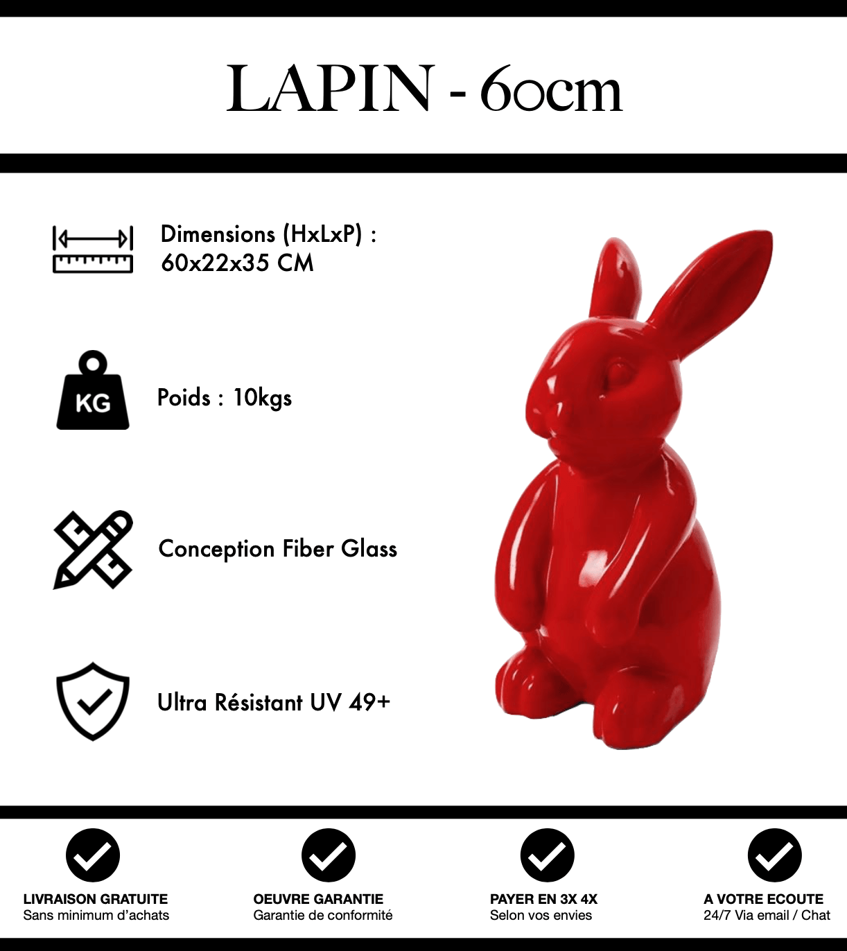 Sculpture Lapin Resine 60cm Statue - Rouge - MUZZANO