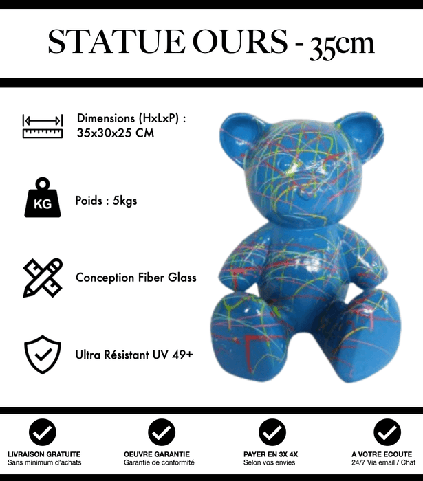 Sculpture Ours Resine 35cm Statue - Graffiti Bleu - MUZZANO