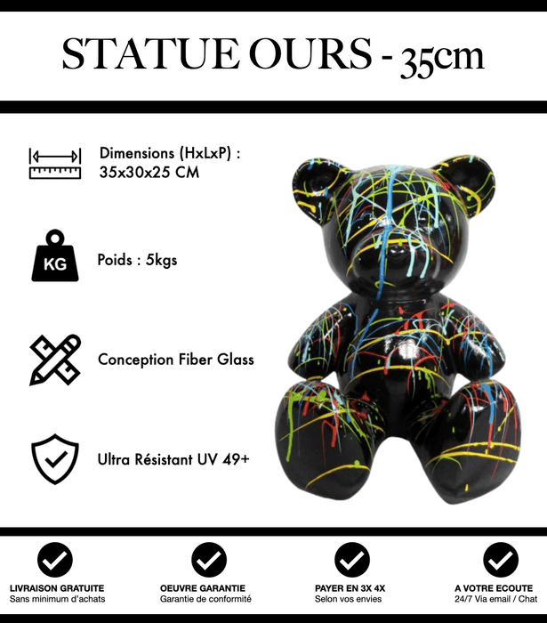 Sculpture Ours Resine 35cm Statue - Graffiti Noir - MUZZANO