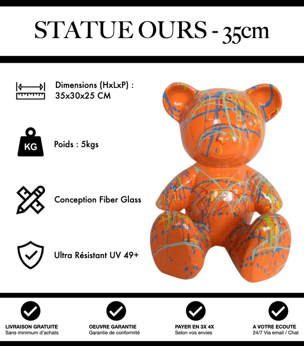 Sculpture Ours Resine 35cm Statue - Graffiti Orange - MUZZANO