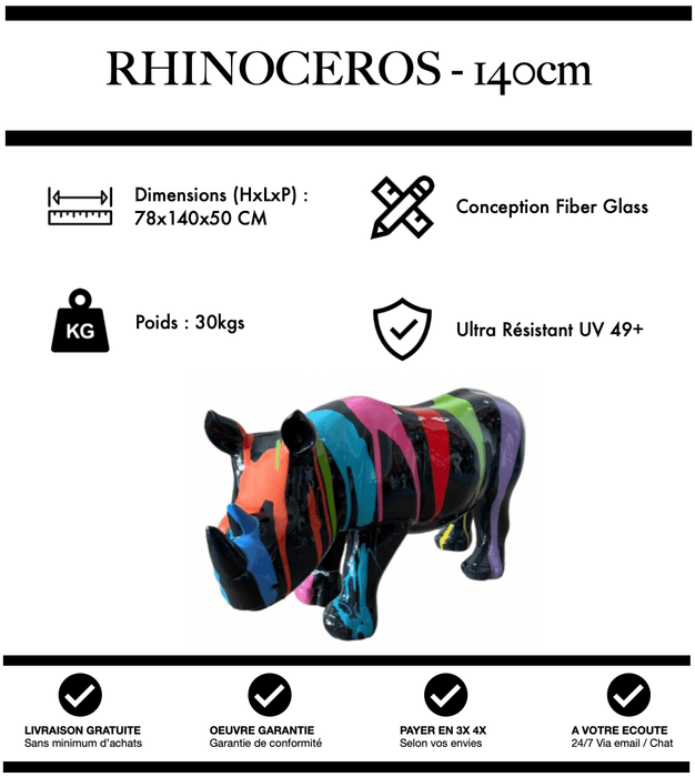 Sculpture Rhinocéros Resine 140cm Statue - Black Trash - MUZZANO