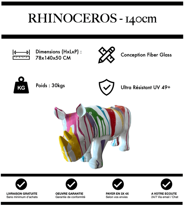 Sculpture Rhinocéros Resine 140cm Statue - White Trash - MUZZANO