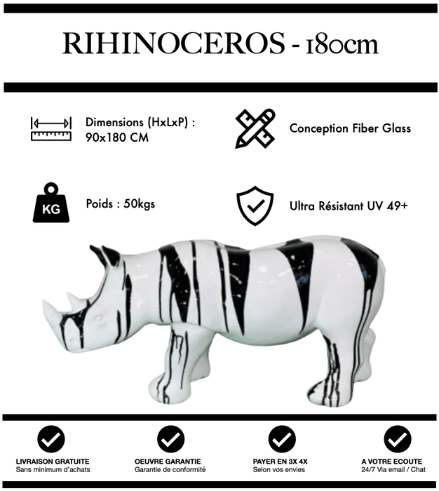 Sculpture Rhinocéros Resine XXL 180cm Statue - Black & White - MUZZANO