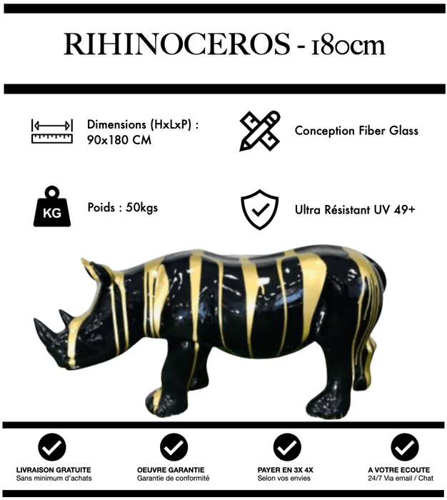 Sculpture Rhinocéros Resine XXL 180cm Statue - Gold Trash - MUZZANO