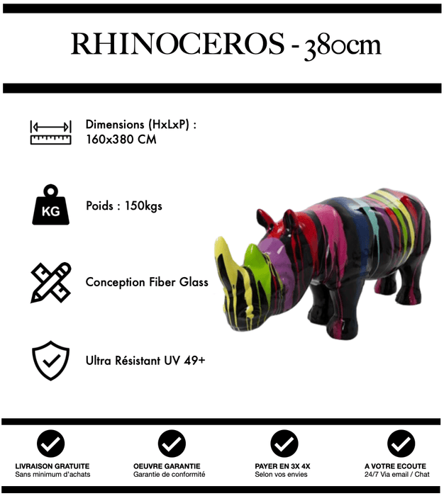 Sculpture Rhinocéros Resine XXXL 380cm Statue - Black Trash - MUZZANO